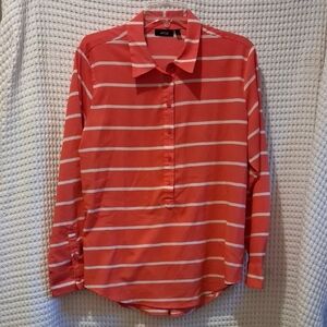 Apt. 9 Coral and White Striped Semi-Button-Down Blouse Sz- L